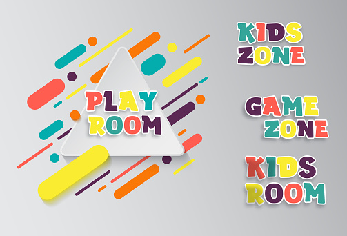 Kids zone entertainment banner. Colorful letters for children's playroom decoration. Sign for children's game room. Kids zone and party room area design