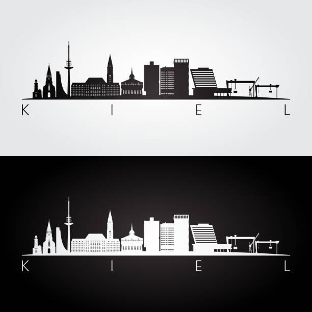 kieler skyline und wahrzeichen silhouette, schwarz / weiß design, vektor-illustration. - schleswig holstein stock-grafiken, -clipart, -cartoons und -symbole