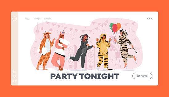 Kigurumi Pajama Party Landing Page Template. Young People in Animal Costumes Unicorn, Donkey, Zebra, Giraffe and Tiger