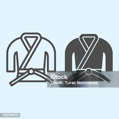 istock Kimono line and solid icon. Asian martial art costume, judo and karate or other suit with belt. Sport vector design concept, outline style pictogram on white background, use for web and app. Eps 10. 1205988110