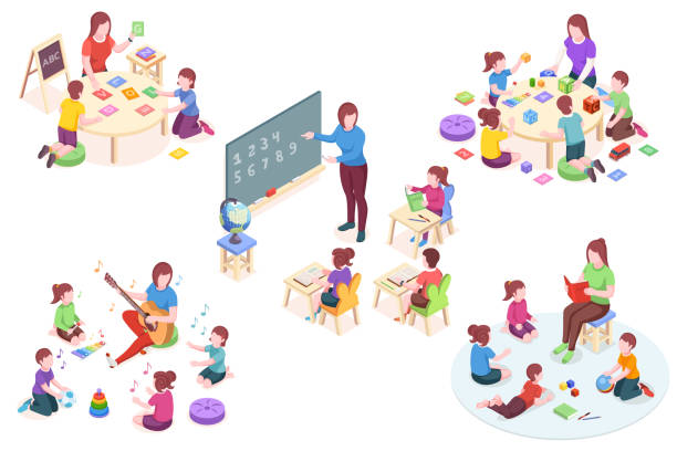 유치원 등각 투영 벡터 요소, 어린이와 교사 학습 활동. 칠판에 어린이 알파벳과 숫자를 가르치는 유치원 교육자, 노래와 읽기 책, 유치원 교육을 학습 - classroom stock illustrations