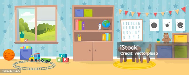 istock Kindergarten or kid room interior vector illustration. Empty cartoon background with child toys, tables and drawer boxes. Modern room with furniture, sunlight from window and toys for kids. 1206323565