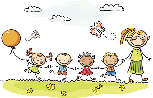 kindergarten A teacher is leading a group of happy little children. No gradients. teacher drawings stock illustrations