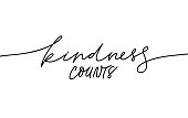 Kindness counts hand written monocolor lettering. Handwritten motivational phrase isolated line vector calligraphy. Charity fund poster, banner design element. Goodness significance concept