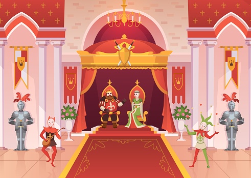 King and queen. interior medieval royal palace throne monarchy ceremony room, fantasy jesters and knights, fairy tale cartoon vector characters