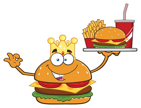 King Burger Holding Fast Food Plate and Ok Sign