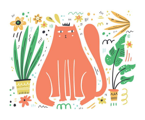 stockillustraties, clipart, cartoons en iconen met koning kat platte hand getekende vector illustratie - gedomesticeerde dieren