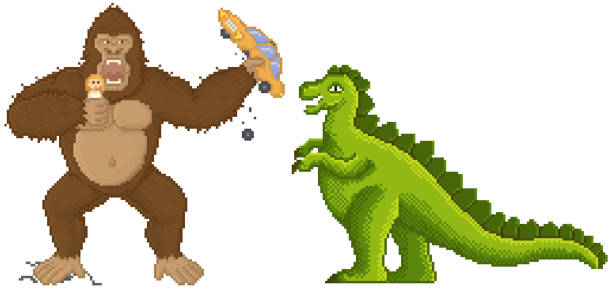King kong and Godzilla in pixel-game layout design. Giant pixelated animals attacks humanity King kong and Godzilla in pixel-game layout. Giant pixelated animals attacks humanity, gorilla holds girl and car in his hands in mobile or computer pixel game. Monkey and dinosaur isolated on white king kong monster stock illustrations