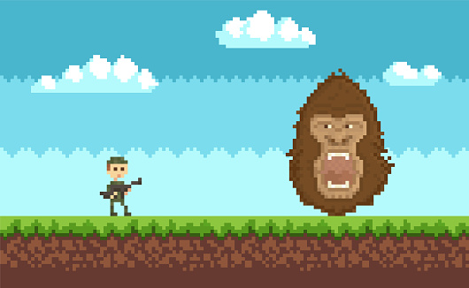 King kong attacks human, apocalypse. Soldier in military uniform with machine gun shoots gorilla