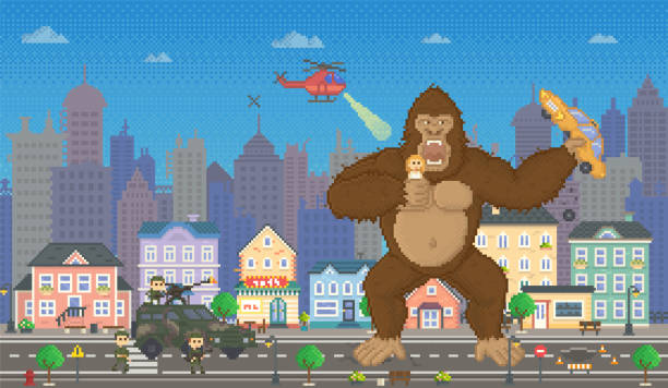King kong in pixel-game layout design. Gorilla attacks humanity, holds pixel girl in hands King kong in pixel-game layout design. Gorilla attacks humanity, holds pixel girl in hands. Giant monkey in pixelated computer game attacked by military in combat vehicle. King kong under gunning king kong monster stock illustrations