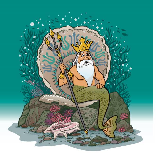 King Neptune Under Water Cartoon Vector illustration cartoon of the King Neptune, sitting in his throne of a shell and smiling merman stock illustrations