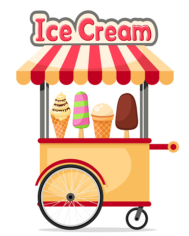 Kiosk with a set of ice cream on a white