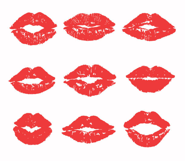 illustrazioni stock, clip art, cartoni animati e icone di tendenza di impronta del bacio, traccia, silhouette. set di baci di rossetto rosso vettoriale. - kiss