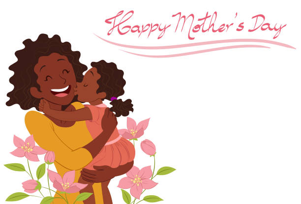 Kissing mom Girl hugging and kissing her mother who smiles happily, celebrating mother's day. african american mothers day stock illustrations