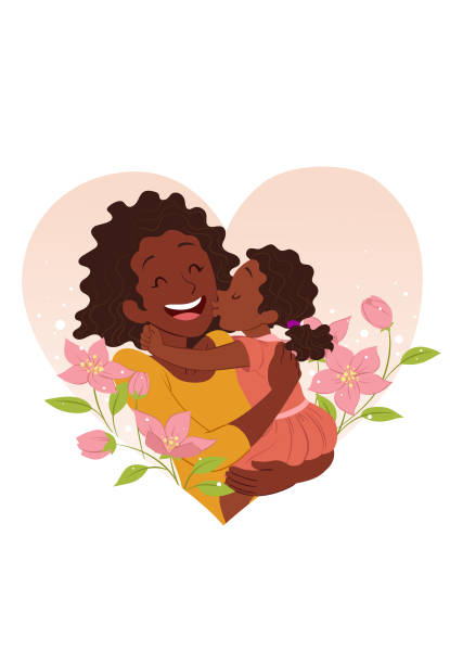 Kissing mom Girl hugging and kissing her mother who smiles happily, celebrating mother's day. african american mothers day stock illustrations