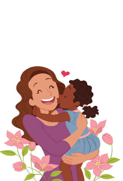 Kissing mom with love Girl kissing and hugging her adoptive mother. african american mothers day stock illustrations