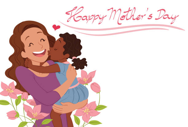 Kissing mom with love Girl kissing and hugging her adoptive mother. african american mothers day stock illustrations