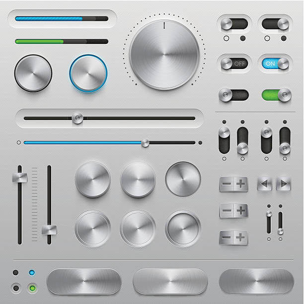 UI kit - metal Vector User Interface elements (UI kit) in metallic style. Very detailed illustration with transparency in EPS’10. Elements for your website, blog or application. Design elements in this set are pixel perfection. You can use all design elements without background. knob stock illustrations