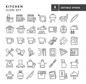 Vector illustration of a big set of 43 kitchen and cooking themed line icons. Includes sous vide, gas oven, electric oven, cast iron pan, barbecue, smoker, rolling pin,  multi-cooker, pressure cooker, roasting pan, rotisserie, microwave, air fryer, hand mixer, measuring cups with different amounts, meat claws, cutting board, spice jars, utensils, oven mitts measuring spoons, dishware and silverware, single cup coffee maker, coffee filter, pantry, scale, kitchen vent, electric burner, apron, meat thermometer, spray bottle, fondue pot, gas burner with pot, propane tank, chef's knife, dishwasher, cook book, cold storage temperature, and catering on background with no white box below. Fully editable stroke outline for easy editing. Simple set that includes vector eps and high resolution jpg in download.