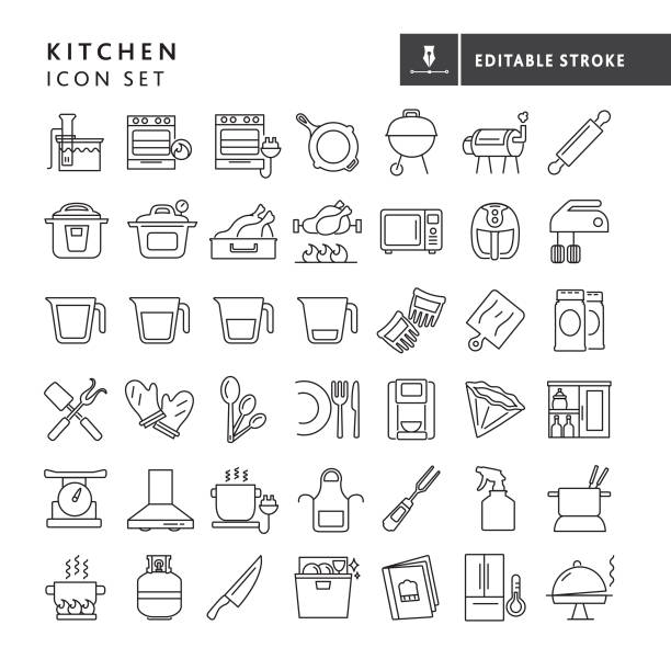 Kitchen and cooking big thin line Icon set - editable stroke Vector illustration of a big set of 43 kitchen and cooking themed line icons. Includes sous vide, gas oven, electric oven, cast iron pan, barbecue, smoker, rolling pin,  multi-cooker, pressure cooker, roasting pan, rotisserie, microwave, air fryer, hand mixer, measuring cups with different amounts, meat claws, cutting board, spice jars, utensils, oven mitts measuring spoons, dishware and silverware, single cup coffee maker, coffee filter, pantry, scale, kitchen vent, electric burner, apron, meat thermometer, spray bottle, fondue pot, gas burner with pot, propane tank, chef's knife, dishwasher, cook book, cold storage temperature, and catering on background with no white box below. Fully editable stroke outline for easy editing. Simple set that includes vector eps and high resolution jpg in download. kitchen icons stock illustrations