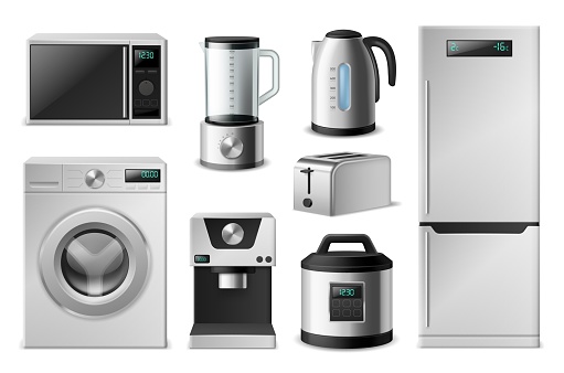 Kitchen appliance. Realistic electronic household equipment, 3D domestic cooking devices. Modern washer and refrigerator, microwave oven or blender. Vector isolated home machines set