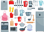 Kitchen utensil, kitchenware and home appliances icons. Vector set of refrigerator, dishwasher or microwave oven and mixer, grater or frying pan and saucepan, dishware ladle spoon and rolling pin