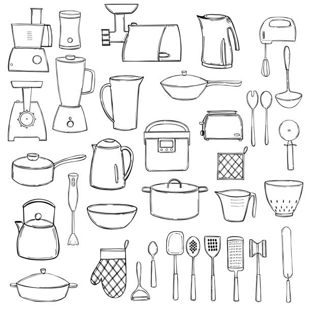 Kitchen appliances and utensils for cooking. Hand drawn kitchen appliances and utensils for cooking.Vector sketch illustration. grater utensil stock illustrations