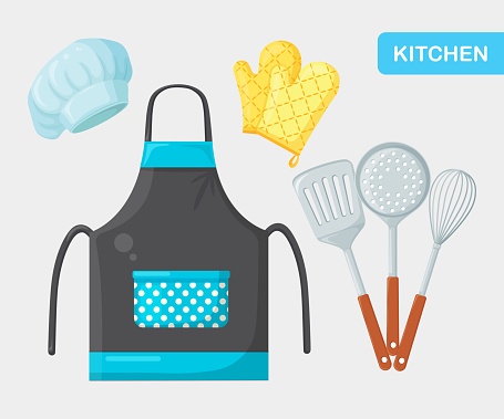 Kitchen apron, appliances, ladle, spatula, chef hat, cooking gloves. Restaurant supplies. Vector illustration