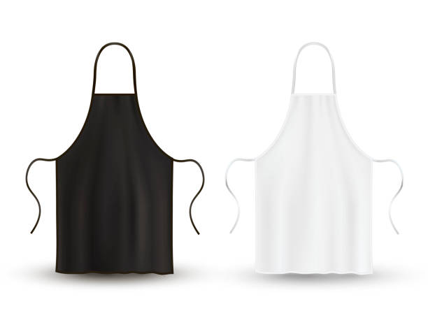 Kitchen apron set, black and white clothing for kitchen cooking Kitchen apron set, black and white clothing for kitchen cooking. Cook uniform or housewife accessory. Vector illustration on white background apron stock illustrations
