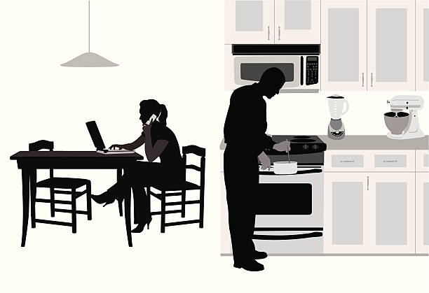 Kitchen Couple Vector Silhouette A-Digit kitchen silhouettes stock illustrations