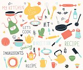 istock Kitchen doodle vector icon set. For modern recipe card template set for cookbook. Menu creator. 1157984877