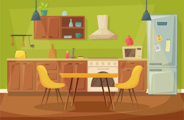 ilustrações, clipart, desenhos animados e ícones de interior home da cozinha, projeto da mobília da sala de jantar - bancada de madeira branca