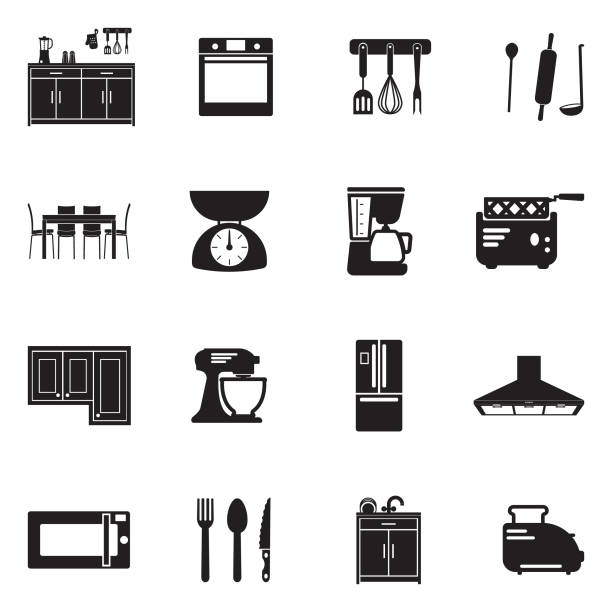 Kitchen Icons. Black Flat Design. Vector Illustration. Kitchen Appliances, Tools, Food, Indoor kitchen icons stock illustrations
