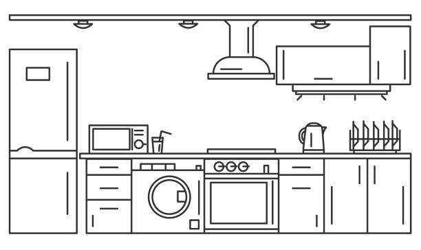 kitchen interior. Linear illustration icon on the theme of the kitchen interior.  Linear illustration kitchen illustrations stock illustrations