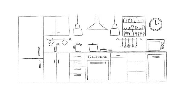 Kitchen interior sketches hand drawing front view Kitchen interior sketches hand drawing front view. Contour vector illustration kitchen furniture and equipment. kitchen drawings stock illustrations