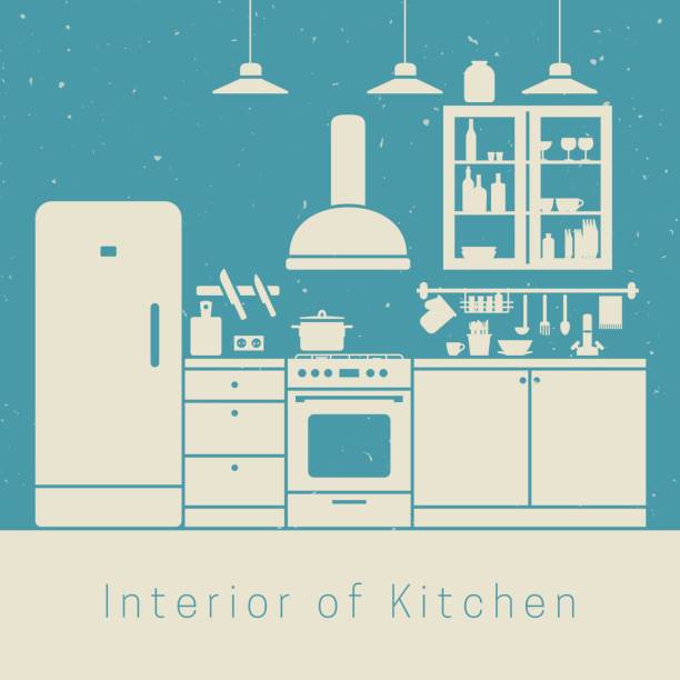 Kitchen interior Kitchen interior with white silhouette of furniture. kitchen silhouettes stock illustrations