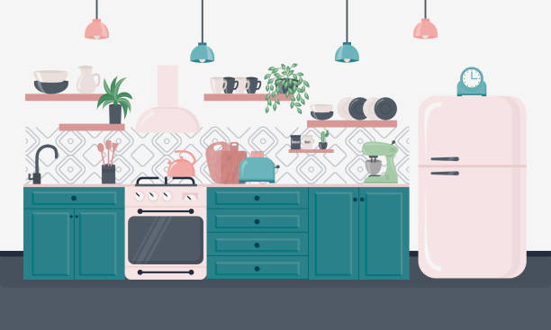 ilustrações de stock, clip art, desenhos animados e ícones de kitchen interior with furniture. furniture design banner concept. - kitchen