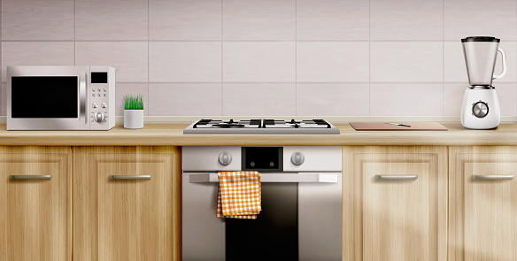Kitchen interior with gas stove and microwave