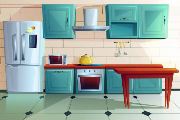 Kitchen interior witn wooden furniture cartoon Kitchen interior witn furniture cartoon vector illustration. Home cooking room with wooden dining table, blue kitchen cabinets, fridge with magnet and reminder, oven, microwave, hob and extractor hood kitchen backgrounds stock illustrations
