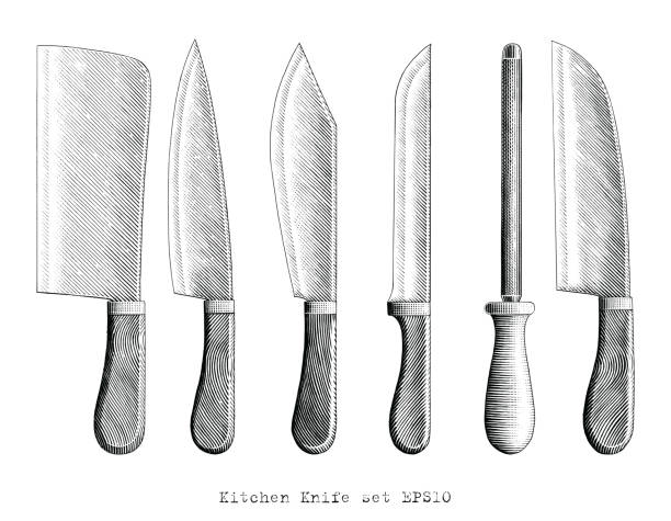 ilustraciones, imágenes clip art, dibujos animados e iconos de stock de ilustración de cuchillo de cocina a mano dibujar estilo de grabado vintage negro y blanco clip art aislado en fondo blanco - knife