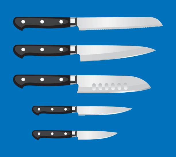 Kitchen Knife Set Vector illustration of a set kitchen knives in flat style against a blue background. knife stock illustrations