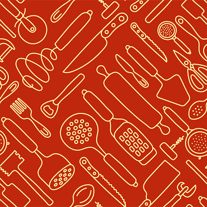 Kitchen knolling seamless pattern. Kitchenware sketch set. Doodle line vector utensils, tools and cutlery. Spatula, spoon, knife, sieve and scissors.
