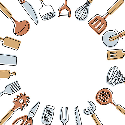 Kitchen knolling with copy space. Kitchenware sketch set. Doodle vector utensils, tools and cutlery. Whisk, slotted spoon, scissors and rolling pin. Knife, fork, peeler and opener.