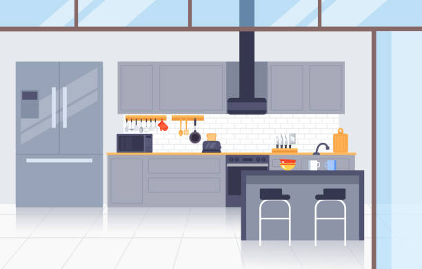 ilustraciones, imágenes clip art, dibujos animados e iconos de stock de cocina concepto interior moderno. ilustración de diseño gráfico plano vectorial - kitchen