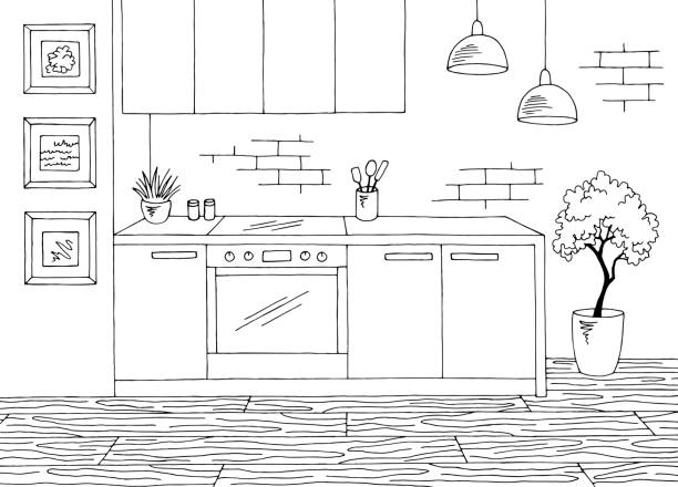 ilustrações, clipart, desenhos animados e ícones de sala de cozinha gráfico preto branco casa esboço ilustração vetor - bancada de madeira branca