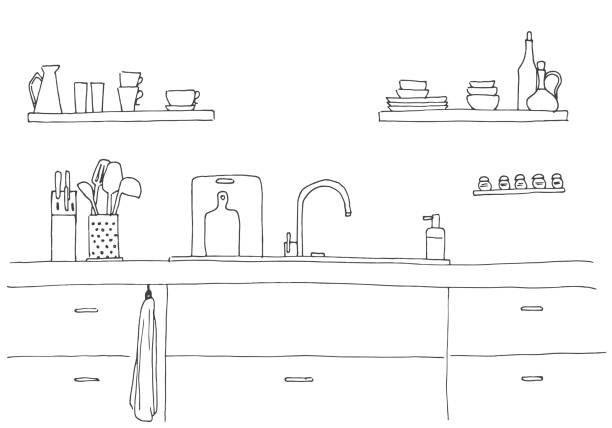 Kitchen sink. Kitchen worktop with sink. The sketch of the kitchen Kitchen sink. Kitchen worktop with sink. The sketch of the kitchen kitchen drawings stock illustrations