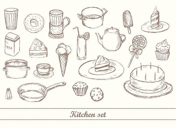 Kitchen sketch set Hand drawn kitchen set coffee cake stock illustrations