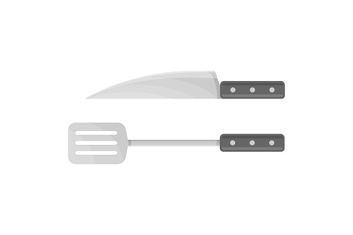 Kitchen spatula and knife for cooking turning slicing food vector flat illustration. Cuisine cutlery