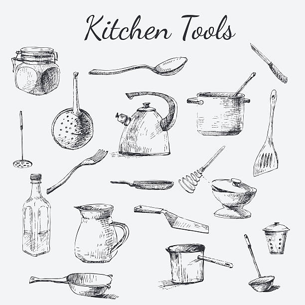 kitchen tool set Vector hand drawn kitchen tools. Black and white vintage kitchen tools made with ink for your paper, polygraphy, fabric, web design kitchen drawings stock illustrations