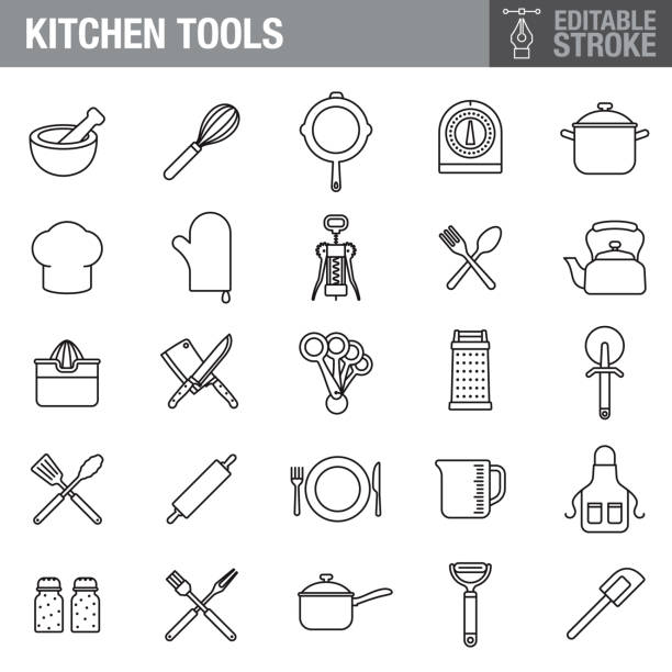 Kitchen Tools Editable Stroke Icon Set A set of editable stroke thin line icons. File is built in the CMYK color space for optimal printing. The strokes are 2pt black and fully editable, so you can adjust the stroke weight as needed for your project. cooking symbols stock illustrations